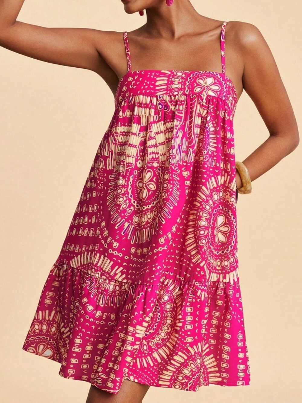 Multicolor Boho Women's Mini Dress Allover Print, Casual Vacation Beach Outfit - Picture 6 of 7